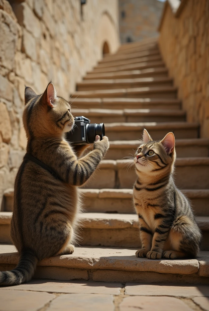 Image of a cute cat taking a picture of a cat with centuries of sun posing for a photo, They are on a beautiful and long staircase with stone steps ,  as realistic as possible, 8k 