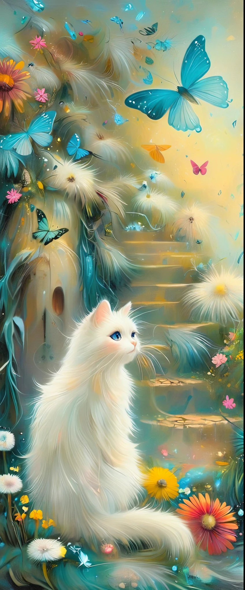  general plan ,  a little far away the photograph ,  beautiful white furry pompous cat , cyan eyes,  following a large and beautiful butterfly of various colors , tender image, idyllic magic ,  climbing old stone stairs with some moss,  wild flowers on the edges of the stairs , tall grass,  leafy trees on the sides ,  fairytale illustration is ,  Color Field Painting , Minimalism, UHD, Retina, masterpiece, Accurate,  Anatomically Correct , textured skin, Super detail, high details,  high quality ,  award winning , best quality, highres, 1080P, HD, 16K