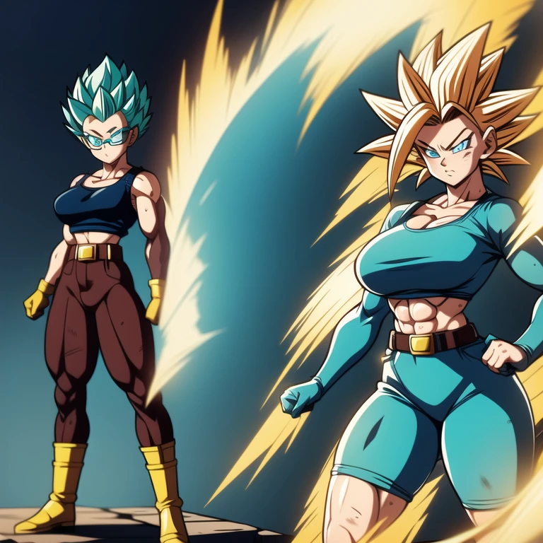 dbsuper style, 
Girl, green aura, super saiyan aura, belt, cyan hair, huge hair, bruise, bruise on face, clenched hands, frown, glasses, gloves, blue eyes, grey gloves, injury, medium breasts, huge muscular, solo, spiked hair, super saiyan, super saiyan 4, mouth opened, furious, military's uniform, widow's preak
, ((masterpiece)) 
