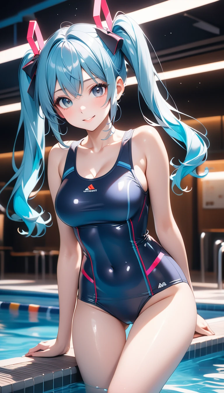  Hatsune Miku、 Blue Twin Tails、Vivid Colorsolo , masterpiece, Best Quality, Best Quality, 16k,  unbelievably weird,  Very Detailed, 2.5D, AI-generated, Delicate and dynamic,  Very delicate facial expression, Delicate eye depiction,, Only sexy woman, ((A cute and kind face)), Healthy body shape, ((25-year-old woman)), Height: 160cm,Super Breasts , (( thin thighs)),   (( shiny )),  facing the viewer, smile, school swimsuit、Pool、(Dutch Corner),