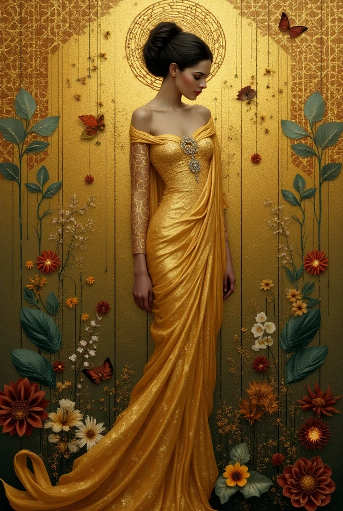 A stunningly detailed digital illustration of a woman in an exquisite gown inspired by Hedi Xandt and Karol Bak. She is adorned with intricate jewelry and her voluptuous silhouette is accentuated by the flowing, elegant lines of her dress. The gown is adorned with vibrant colors and shimmers like a velvet dream. Her eyes captivate the viewer with an intense gaze, while her seductive smile invites the audience into her world. The background is a blend of cinematic and CG trends, highlighting the ultra-high-definition quality of the artwork., cinematic, illustration