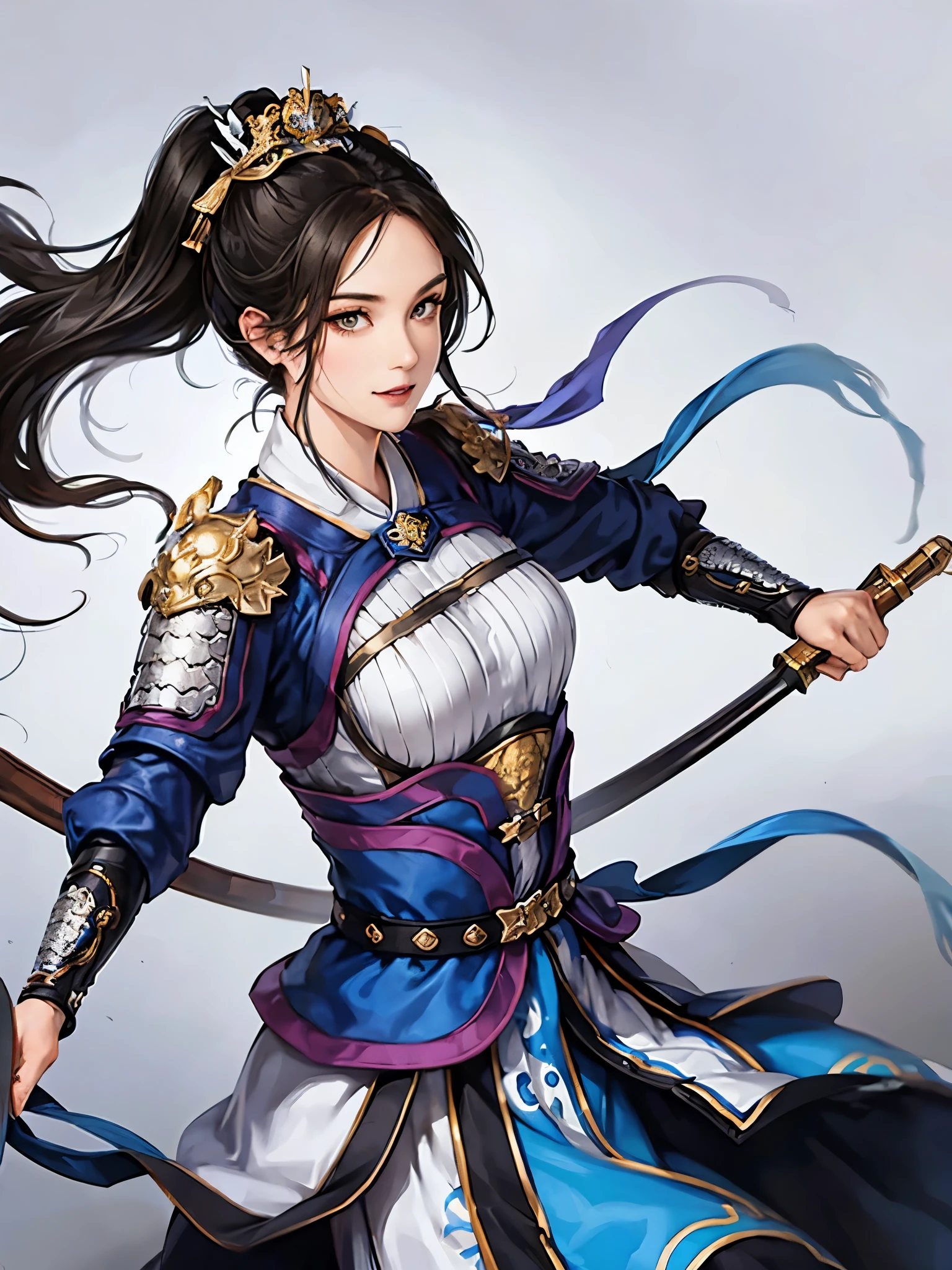 (no background:1.4), (cowboy shot), best quality, masterpiece, Solo, detailed beautiful girl, ancient Chinese armor, large breasts, silver armor, white cloth, medium hair, black hair, fascinator, smile, cheerful, holding sword