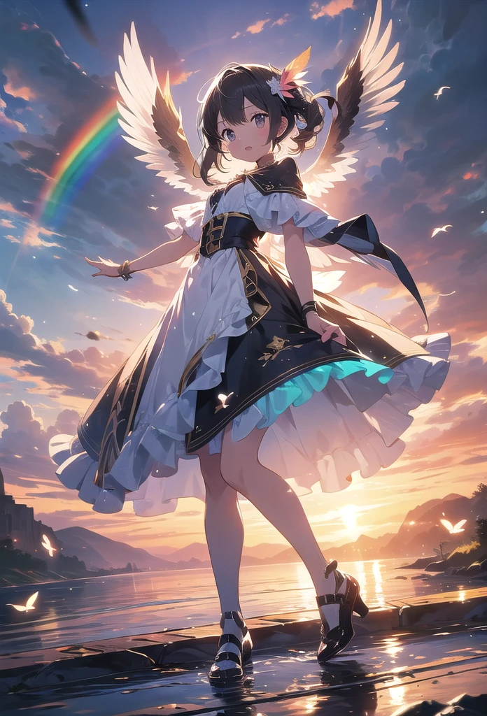 
Anime、デジタルAnimeアート、Flat Design,(masterpiece:1.2)、 high quality、 Hi-Res、 very detailed、(Surprisingly bizarre :1.2)、break,A bird with rainbow feathers、 colorful background、Beautiful light effects、 amazing scenery 