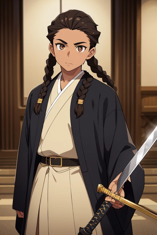 Male, brown skinned, brown eyes, black and brown eyebrows, freckled face, yellow pupils, brown plated braids, light brown eyelashes, black and white demon slayer uniform, blue kimono with music notes, holding a sword sculpted into an instrument, posing with sword