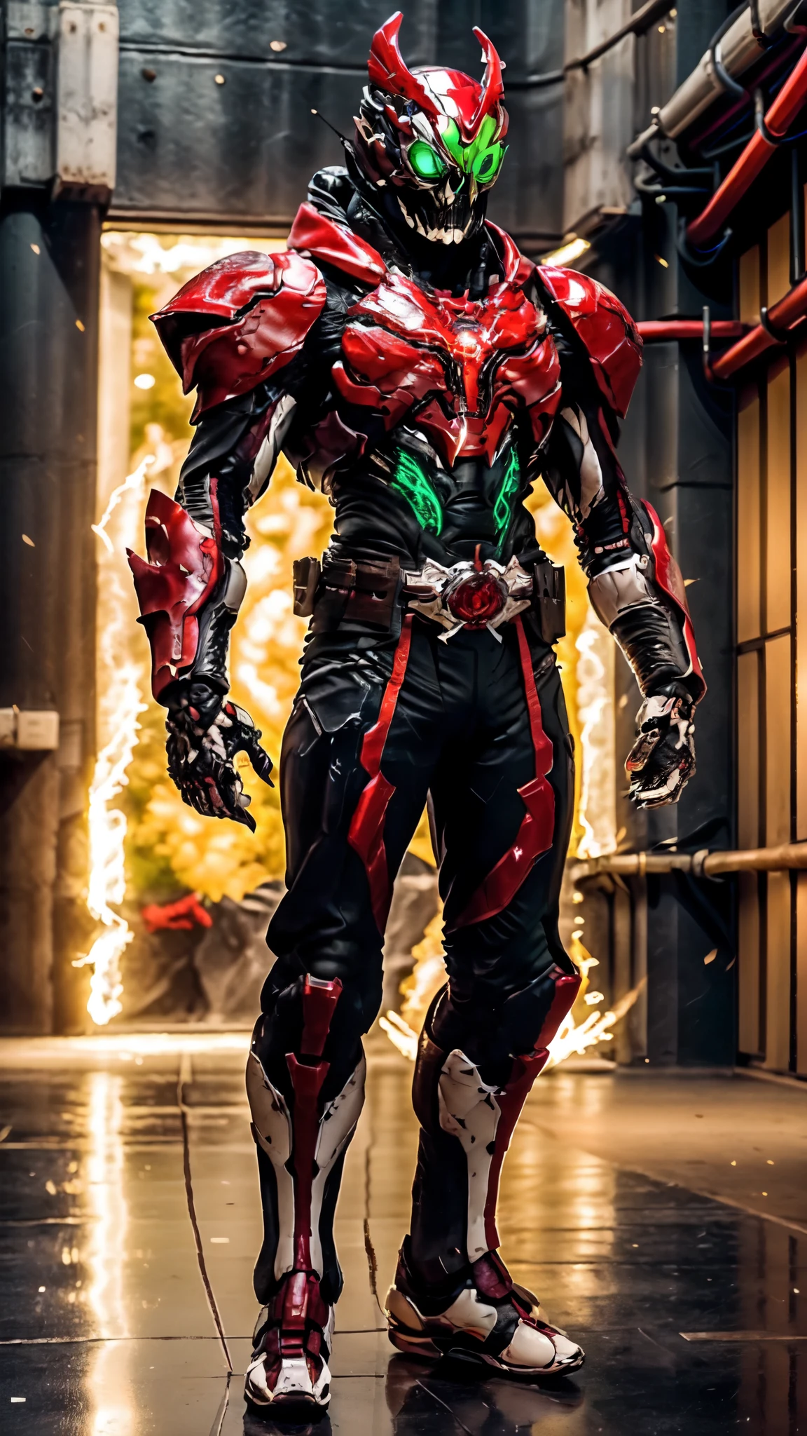 (masterpiece:1.5, best quality:1.5, extremely delicate:1.5), ((male:1.5)), a man wearing a full-face helmet, green eyes, fantasy-style high-tech biomimetic armored combat suit, (a composite layered chest armor), the design balances heavy with agility, fully enclosed shoulder guards, matching arm and leg guards, a belt of gemstone, (the color scheme is primarily White with Blue and Red accents, Organic Biotech, Concept Inspired by Skull, glowing eyes, armor glows, stand of a futuristic sci-fi city), this character embodies a finely crafted fantasy-style armored hero in anime style, exquisite and mature art style, metallic, high definition, highres, ultra-detailed, ultra-fine painting, professional, perfect body proportions, golden ratio, anatomically correct, symmetrical face, extremely detailed eyes and face, high quality eyes, creativity, RAW photo, UHD, 32k, Natural light, cinematic lighting, masterpiece-anatomy-perfect