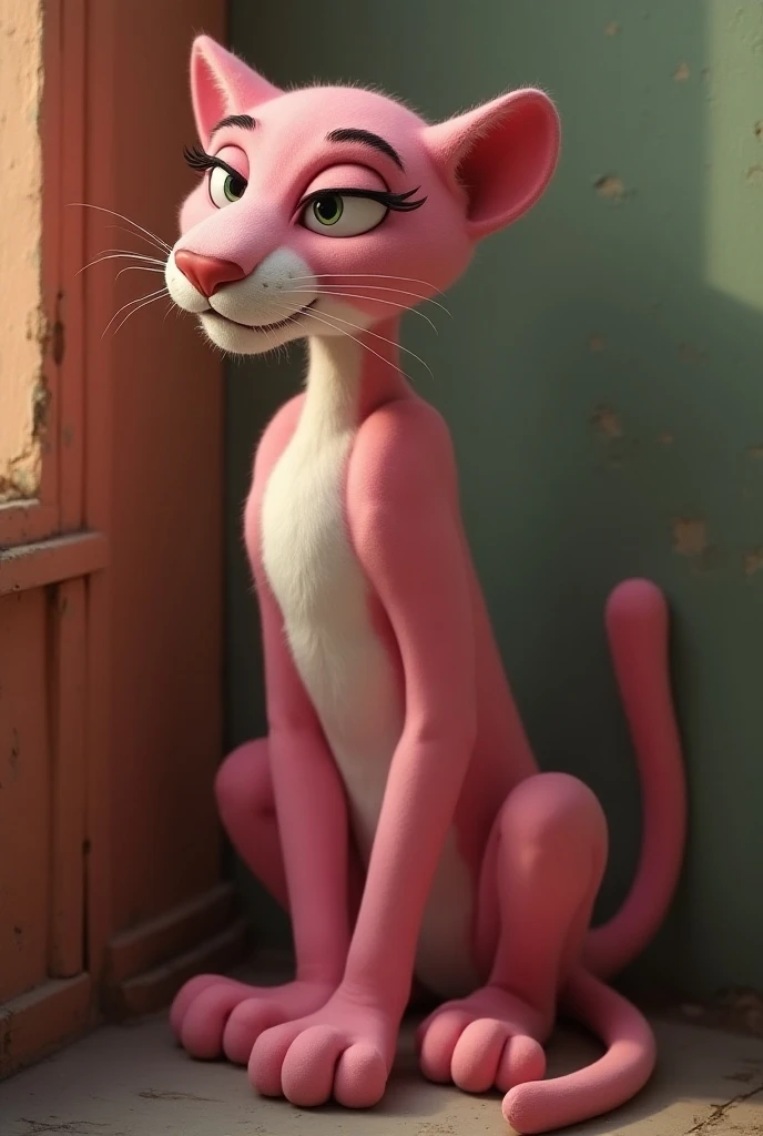 solo,male,anthro,detailed background,black eyes,looking at viewer,smile,slim,countershading,domesticated cat,pink fur,snagglepuss,bow tie,smile,bottomless,black eyes,bare foot,by zaush,<lora:snagglepuss_v1.0-const-dapt_-step00000400:1>,