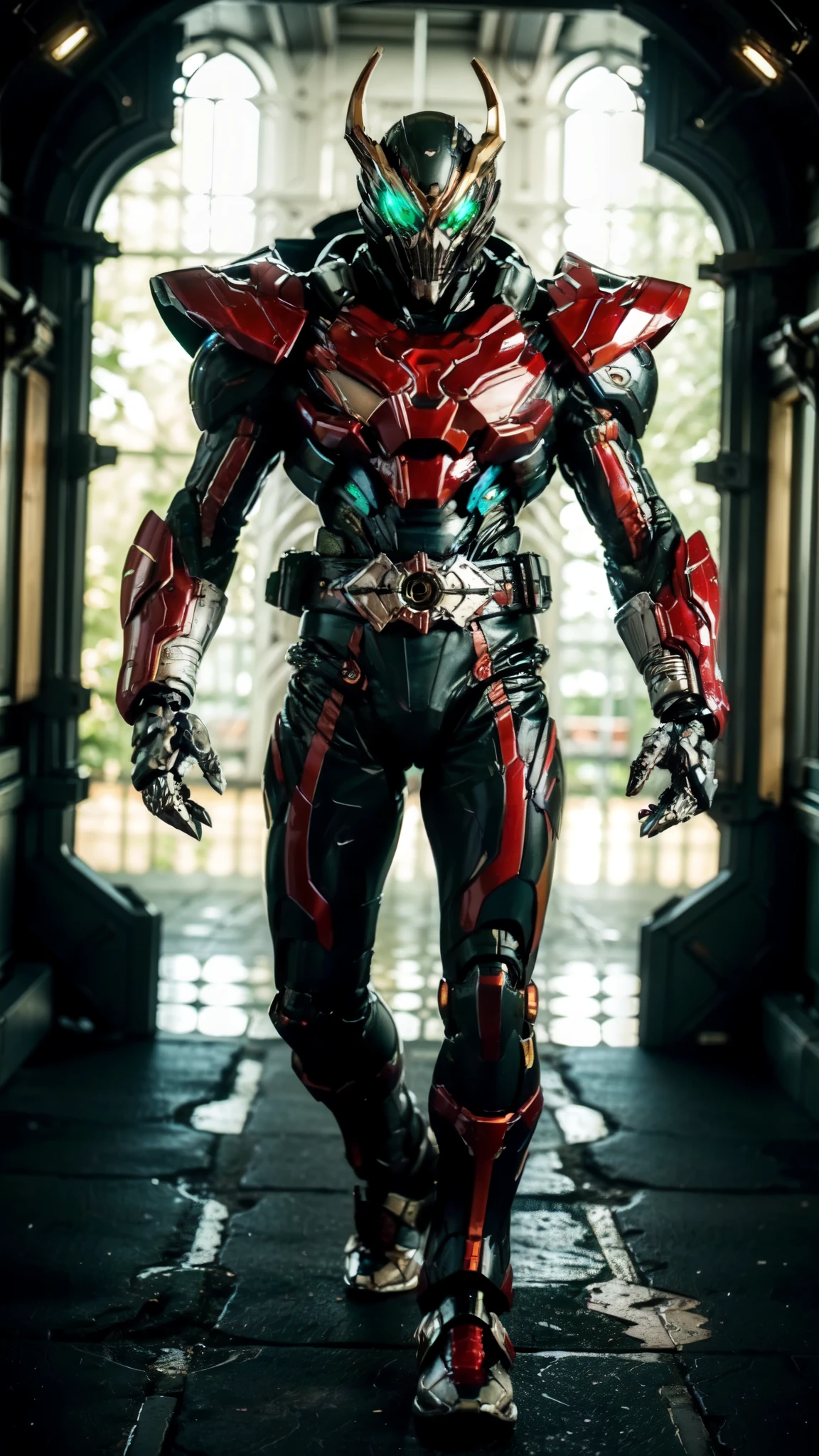 (masterpiece:1.5, best quality:1.5, extremely delicate:1.5), ((male:1.5)), a man wearing a full-face helmet, green eyes, fantasy-style high-tech biomimetic armored combat suit, (a composite layered chest armor), the design balances heavy with agility, fully enclosed shoulder guards, matching arm and leg guards, a belt of gemstone, (the color scheme is primarily White with Blue and Red accents, Organic Biotech, Concept Inspired by Skull, glowing eyes, armor glows, stand of a futuristic sci-fi city), this character embodies a finely crafted fantasy-style armored hero in anime style, exquisite and mature art style, metallic, high definition, highres, ultra-detailed, ultra-fine painting, professional, perfect body proportions, golden ratio, anatomically correct, symmetrical face, extremely detailed eyes and face, high quality eyes, creativity, RAW photo, UHD, 32k, Natural light, cinematic lighting, masterpiece-anatomy-perfect