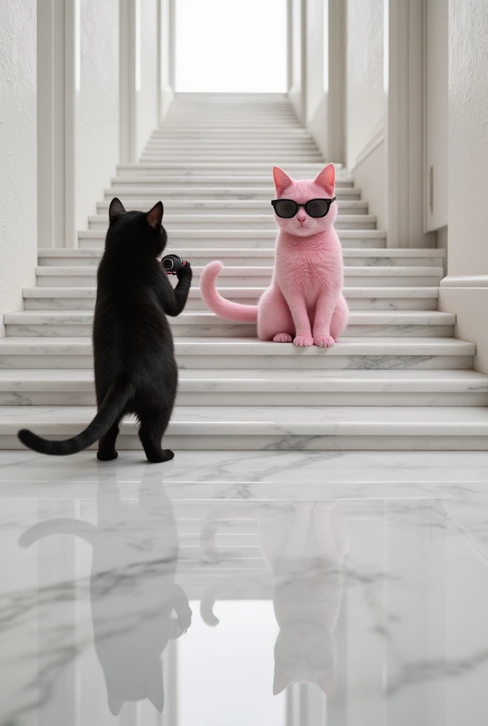 Close-up image of a cute black cat taking a picture of a pink cat with sunglasses doing a standing pose for photo, They are on a beautiful and long white staircase with polished marble stone steps ,  as realistic as possible, 8k 