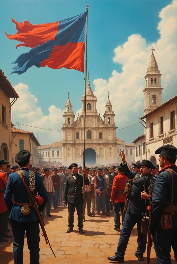 Pintura de un grupo de hombres con uniformes militares sosteniendo banderas, Pintura de Colchians, pablo hurtado de mendoza, pintura de, Pintura de historia, by Carlos Enríquez Gómez, historical image, by Hugo Sánchez Bonilla, james zapata, by Juan Fernando Cobo, hystorical painting, Revolutionary artistic style, Foto de una pintura