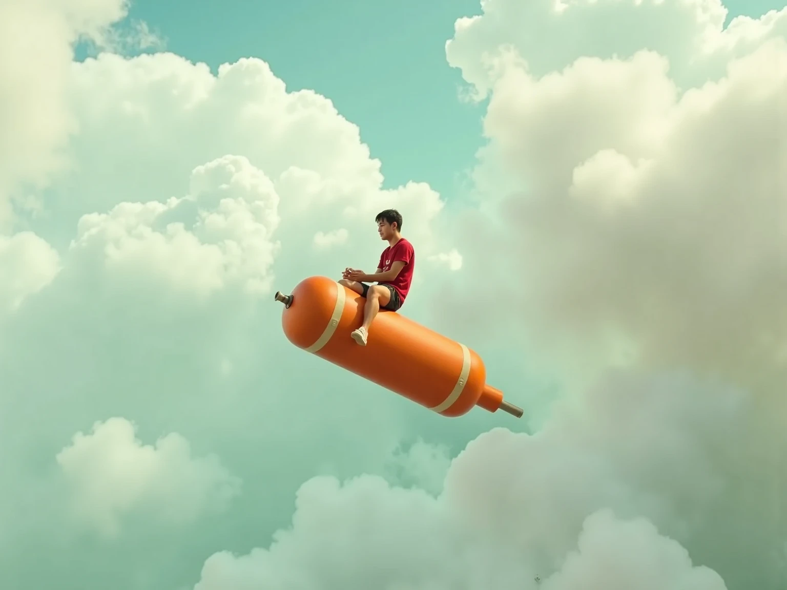  A man sitting on an orange butane cylinder, the cylinder soaring through a sky filled with clouds, a sense of speed, a fun image, Full details, Dreamy haze, Mint Green, aerial, hyperrealism, --v 5