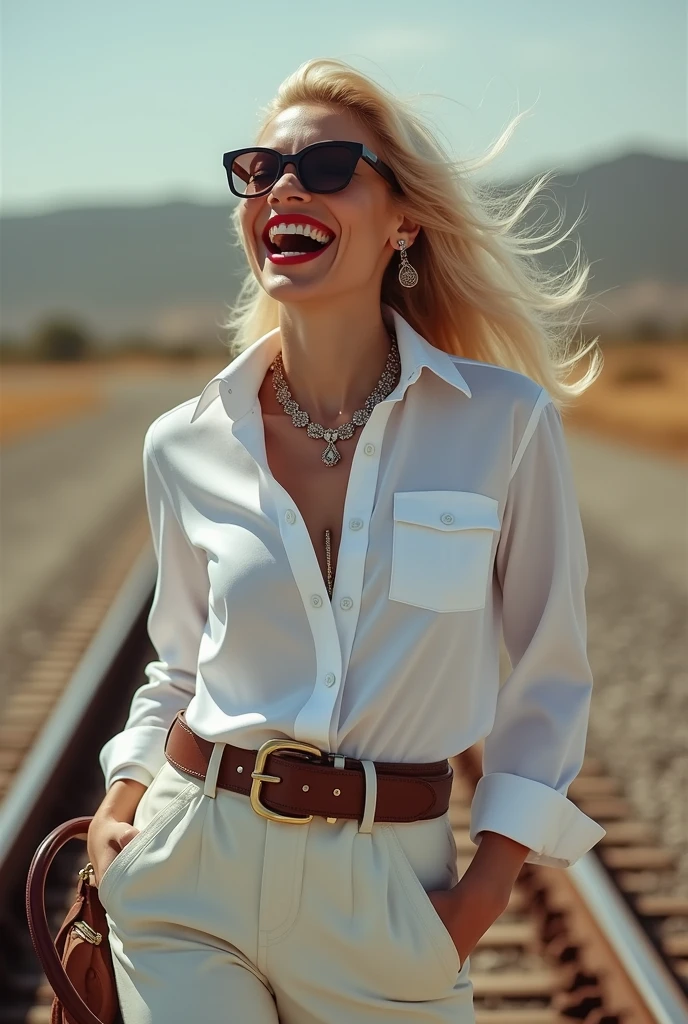 two White glamour American lady, wearing an White pilot shirt, laughing with her mouth open, red lipstick accentuating her smile, accessorized with a stylish belt, holding a leather whip, jewerly, white skin, wide hips, pilot sunglasses, lady walking on rails, kenya,
