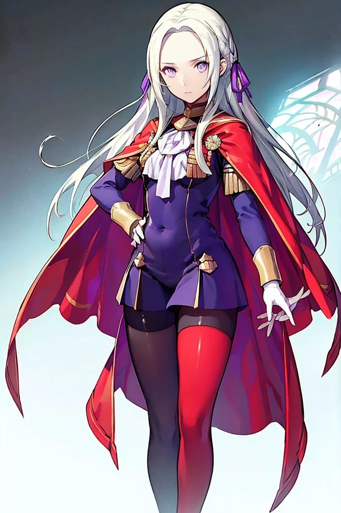 (masterpiece, Best Quality),  complicated details ,  1 girl,  Edelgard,  1 girl, Long Hair,  purple eyes, Alone,  viewers wearing rubber suits  , Cape,  hair ornament, ribbon, uniform,  simple background,  puts his hands on his hips,  is standing, red pantyhose, garreg mach monastery uniform,