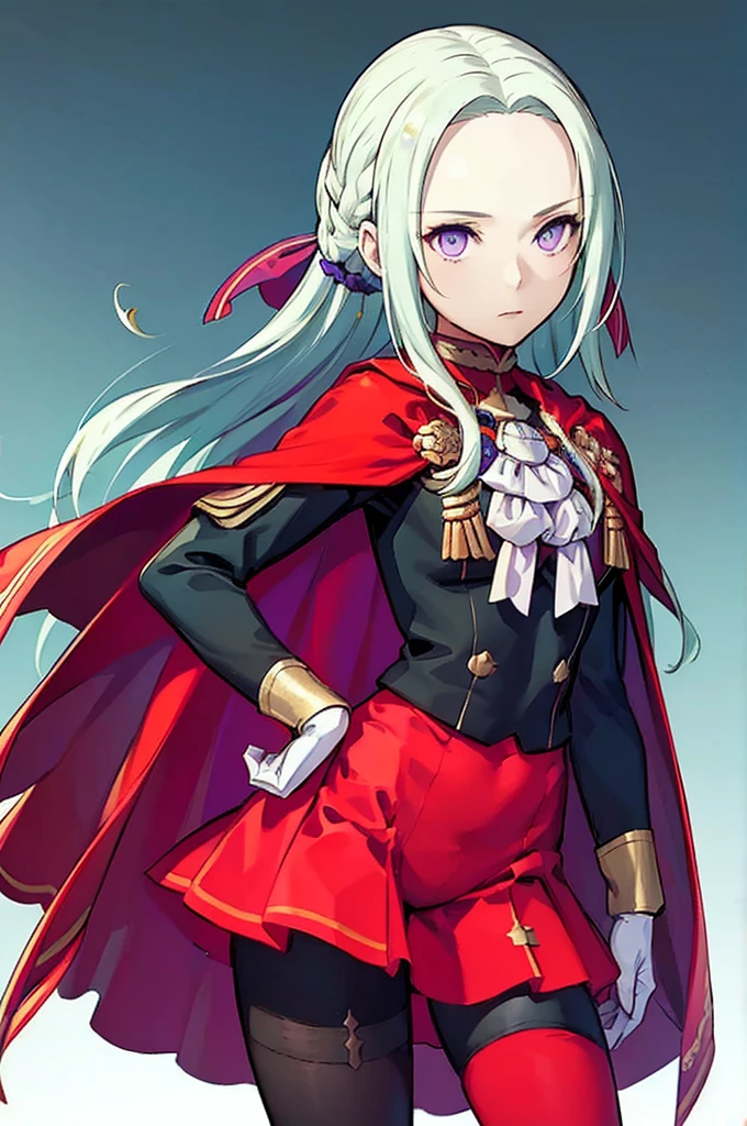 (masterpiece, Best Quality),  complicated details ,  1 girl,  Edelgard,  1 girl, Long Hair,  purple eyes, Alone,  viewers wearing rubber suits  , Cape,  hair ornament, ribbon, uniform,  simple background,  puts his hands on his hips,  is standing, red pantyhose, garreg mach monastery uniform,