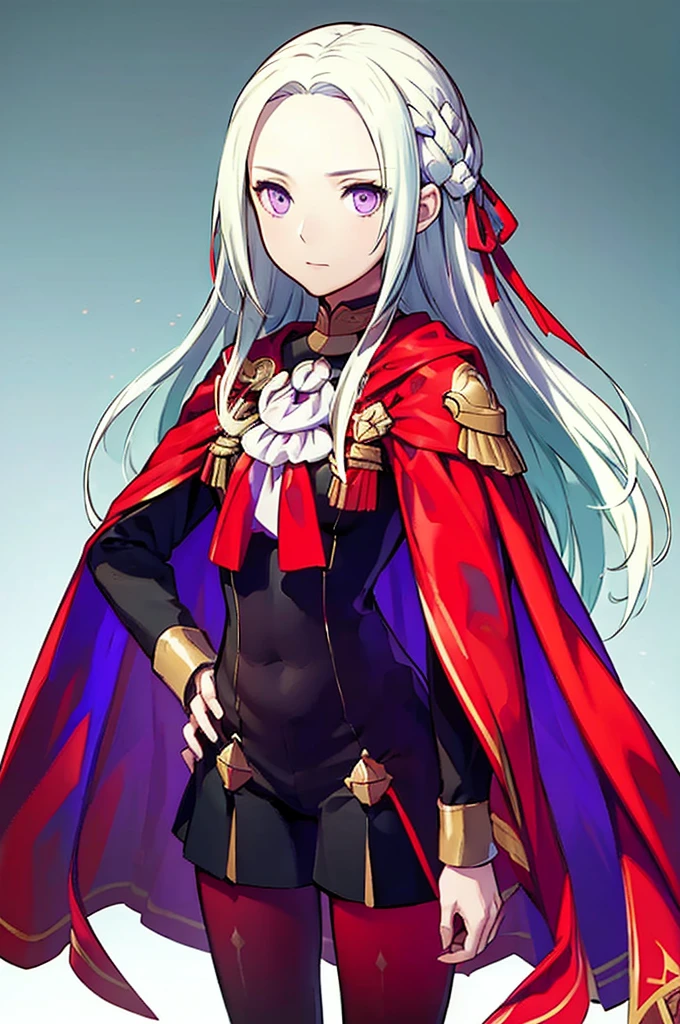 (masterpiece, Best Quality),  complicated details ,  1 girl,  Edelgard,  1 girl, Long Hair,  purple eyes, Alone,  viewers wearing rubber suits  , Cape,  hair ornament, ribbon, uniform,  simple background,  puts his hands on his hips,  is standing, red pantyhose, garreg mach monastery uniform,