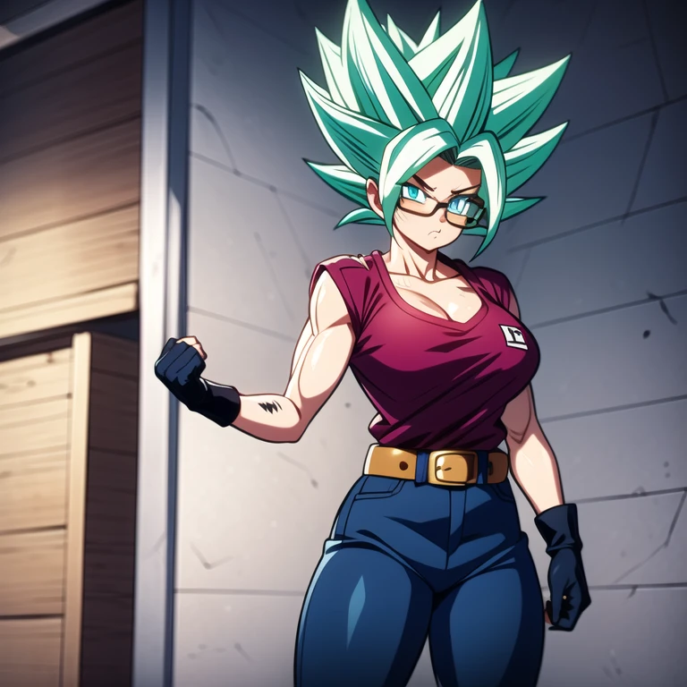 dbsuper style, 
Girl, green aura, super saiyan aura, belt, cyan hair, huge hair, bruise, bruise on face, clenched hands, frown, glasses, gloves, blue eyes, grey gloves, injury, medium breasts, huge muscular, solo, spiked hair, super saiyan, super saiyan 4, mouth opened, furious, military's uniform, widow's preak
, ((masterpiece)) 
