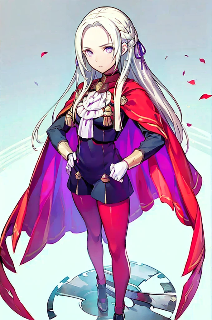 (masterpiece, Best Quality),  complicated details ,  1 girl,  Edelgard,  1 girl, Long Hair,  purple eyes, Alone,  viewers wearing rubber suits  , Cape,  hair ornament, ribbon, uniform,  simple background,  puts his hands on his hips,  is standing, red pantyhose, garreg mach monastery uniform,