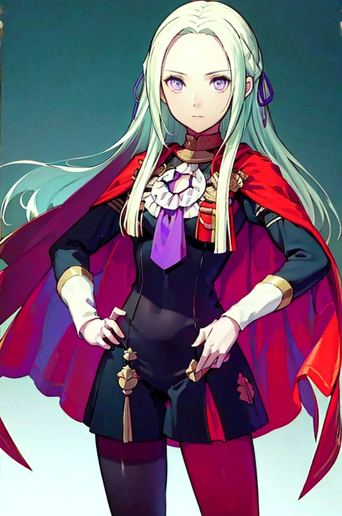 (masterpiece, Best Quality),  complicated details ,  1 girl,  Edelgard,  1 girl, Long Hair,  purple eyes, Alone,  viewers wearing rubber suits  , Cape,  hair ornament, ribbon, uniform,  simple background,  puts his hands on his hips,  is standing, red pantyhose, garreg mach monastery uniform,