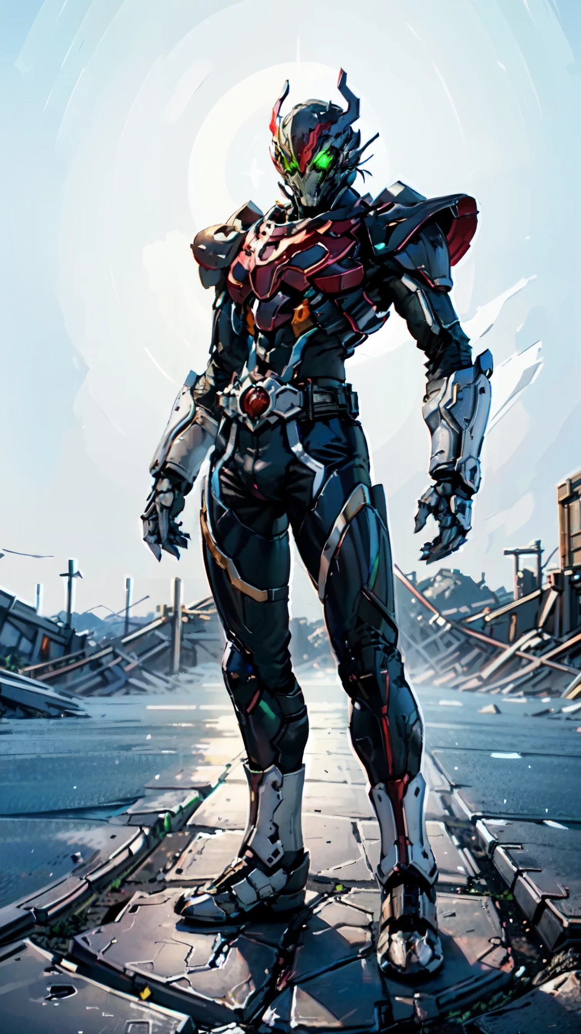 (masterpiece:1.5, best quality:1.5, extremely delicate:1.5), ((male:1.5)), a man wearing a full-face helmet, green eyes, fantasy-style high-tech biomimetic armored combat suit, (a composite layered chest armor), the design balances heavy with agility, fully enclosed shoulder guards, matching arm and leg guards, a belt of gemstone, (the color scheme is primarily White with Blue and Red accents, Organic Biotech, Concept Inspired by Skull, glowing eyes, armor glows, stand of a futuristic sci-fi city), this character embodies a finely crafted fantasy-style armored hero in anime style, exquisite and mature art style, metallic, high definition, highres, ultra-detailed, ultra-fine painting, professional, perfect body proportions, golden ratio, anatomically correct, symmetrical face, extremely detailed eyes and face, high quality eyes, creativity, RAW photo, UHD, 32k, Natural light, cinematic lighting, masterpiece-anatomy-perfect