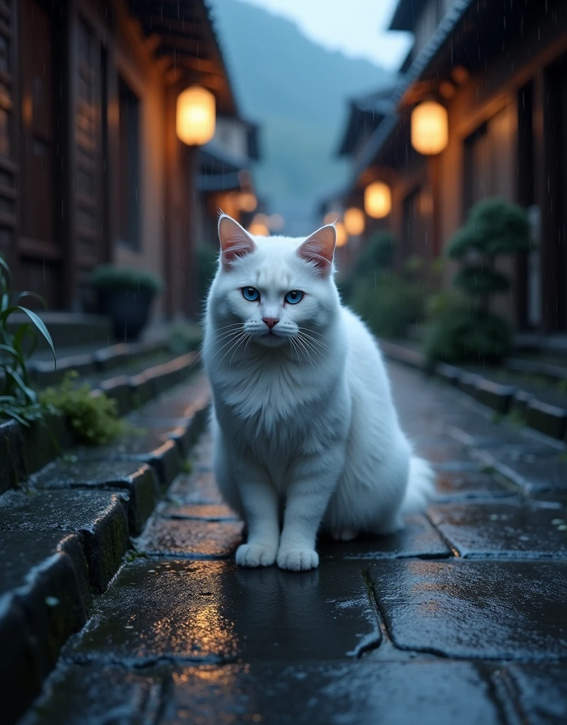 Realistic, theme is "Cat on the stone steps", on the stone steps of old town in Kyoto, Japan, on the wet stone pavement after sprinkling water, a white cat standing on the stone steps, with cute blue eyes, looking at you with a serious face, evening scenery of Kyoto as darkness draws in, sophisticated design, advanced lighting technology, real photo 8K quality