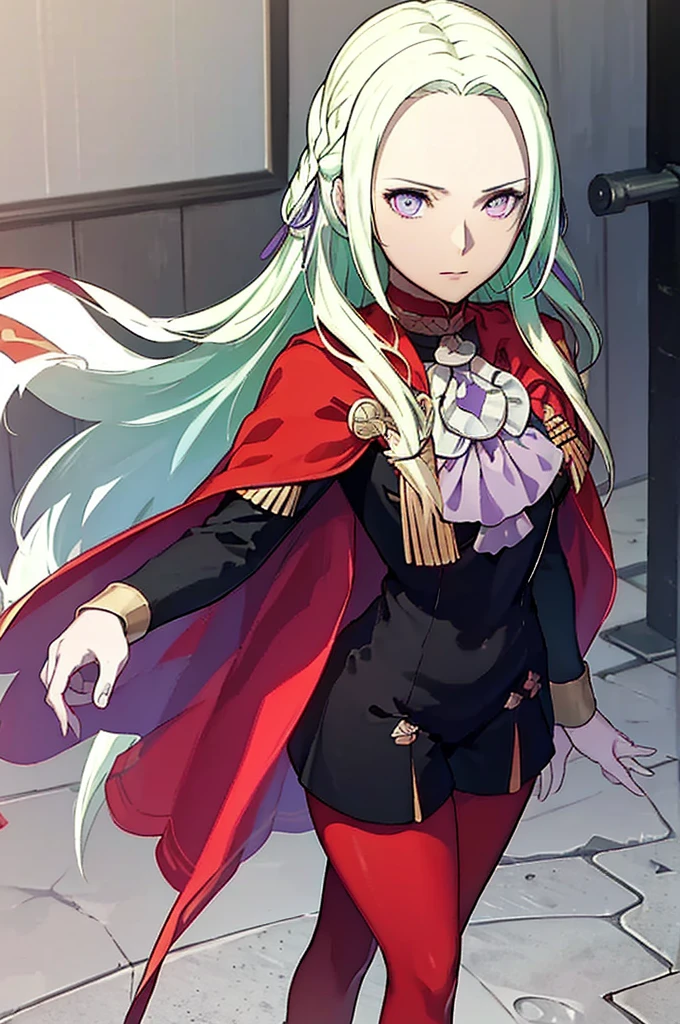 (masterpiece, Best Quality),  complicated details ,  1 girl,  Edelgard,  1 girl, Long Hair,  purple eyes, Alone,  viewers wearing rubber suits  , Cape,  hair ornament, ribbon, uniform,  simple background,  puts his hands on his hips,  is standing, red pantyhose, garreg mach monastery uniform,