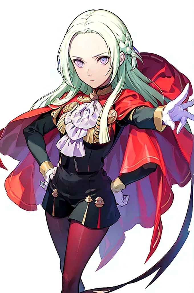 (masterpiece, Best Quality),  complicated details ,  1 girl,  Edelgard,  1 girl, Long Hair,  purple eyes, Alone,  viewers wearing rubber suits  , Cape,  hair ornament, ribbon, uniform,  simple background,  puts his hands on his hips,  is standing, red pantyhose, garreg mach monastery uniform,