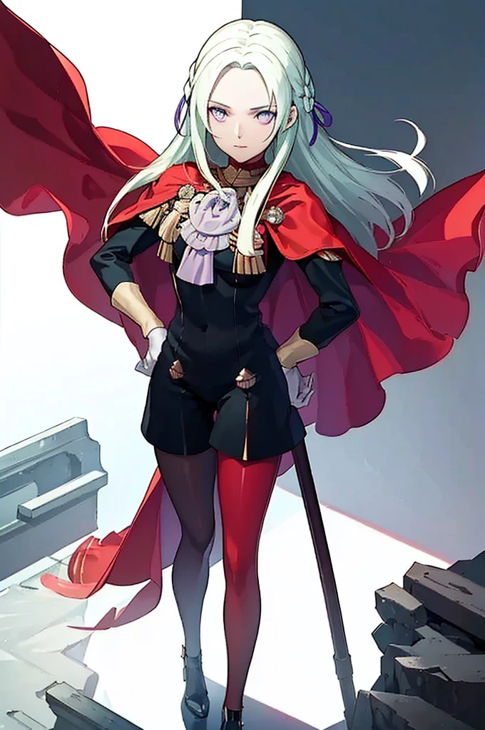 (masterpiece, Best Quality),  complicated details ,  1 girl,  Edelgard,  1 girl, Long Hair,  purple eyes, Alone,  viewers wearing rubber suits  , Cape,  hair ornament, ribbon, uniform,  simple background,  puts his hands on his hips,  is standing, red pantyhose, garreg mach monastery uniform,