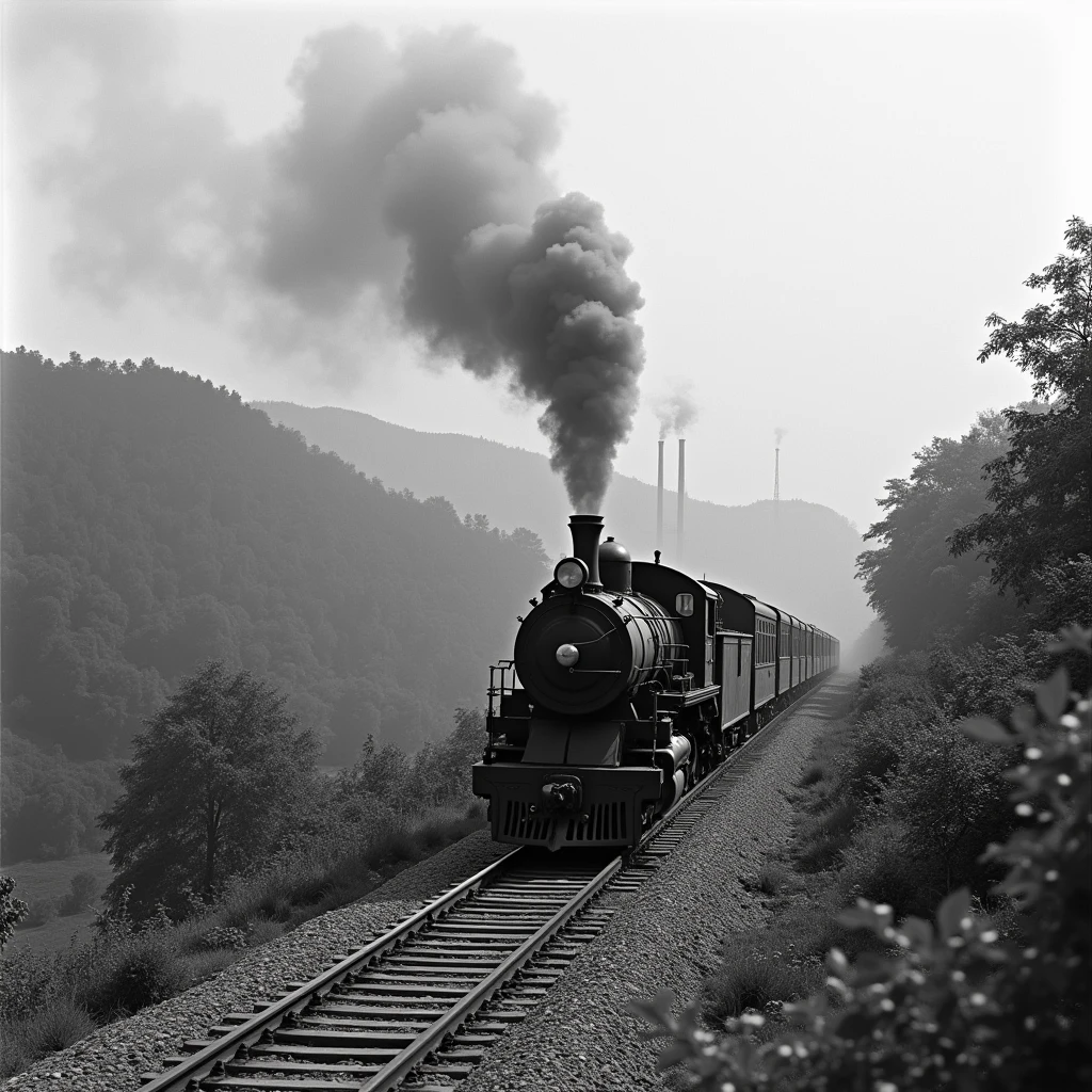 A vintage black and white photograph showing the first Indian train, with a steam locomotive traveling through the countryside, surrounded by lush landscapes and early industrial development in the background.