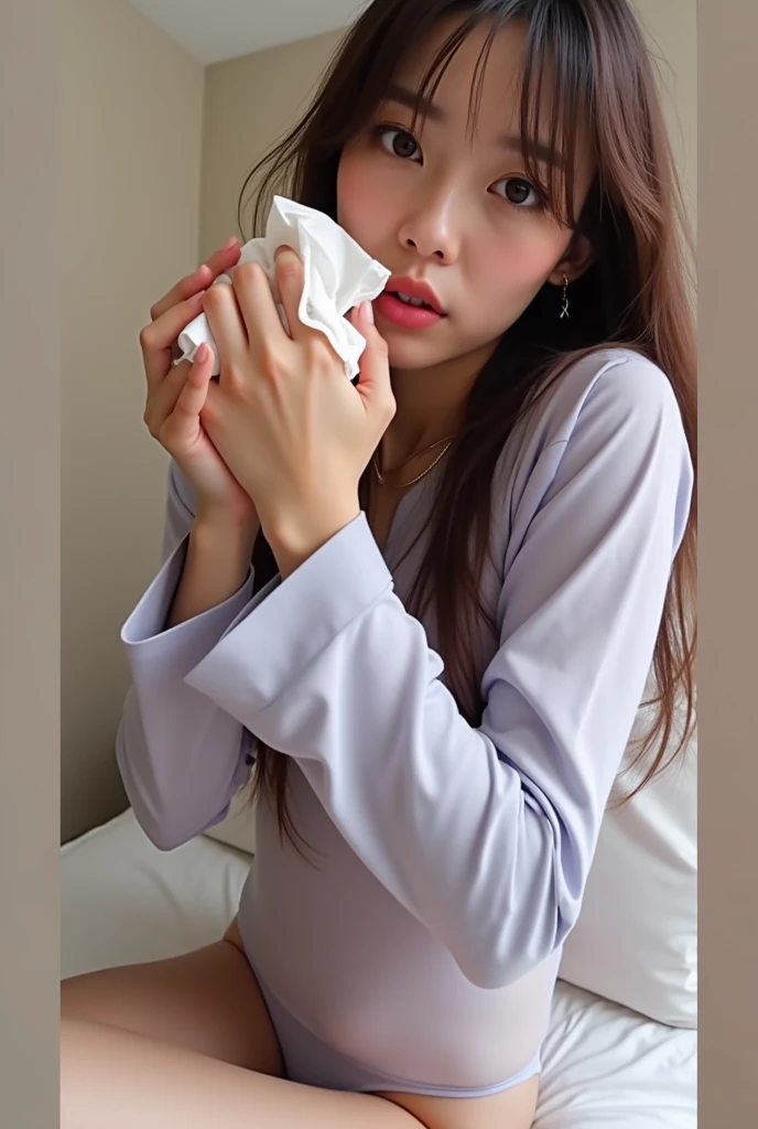 Girl sleeps on bed, ((cum on face, cum on mouth, cum on hair)), multicolored t-shirt, jeans shorts, brown hair, closed eyes, sleeping