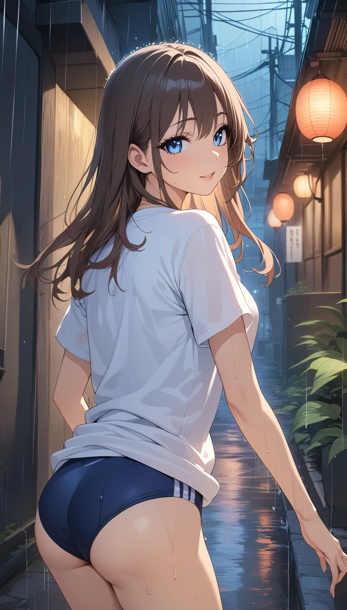  cute girl、((buruma:1.2、round neck t-shirt))、Beautiful and detailed eyes、Beautiful and detailed lips、 very fine な顔と体、 Long Lashes、Graceful pose、 dynamic movement、((rain、Back Alley、 Drenched ))、 bright lights in front of the temple、 pastel colors、 cinematic angles 、 Vivid 、 very fine 、8k、 anime style:1.2、CG illustration、masterpiece