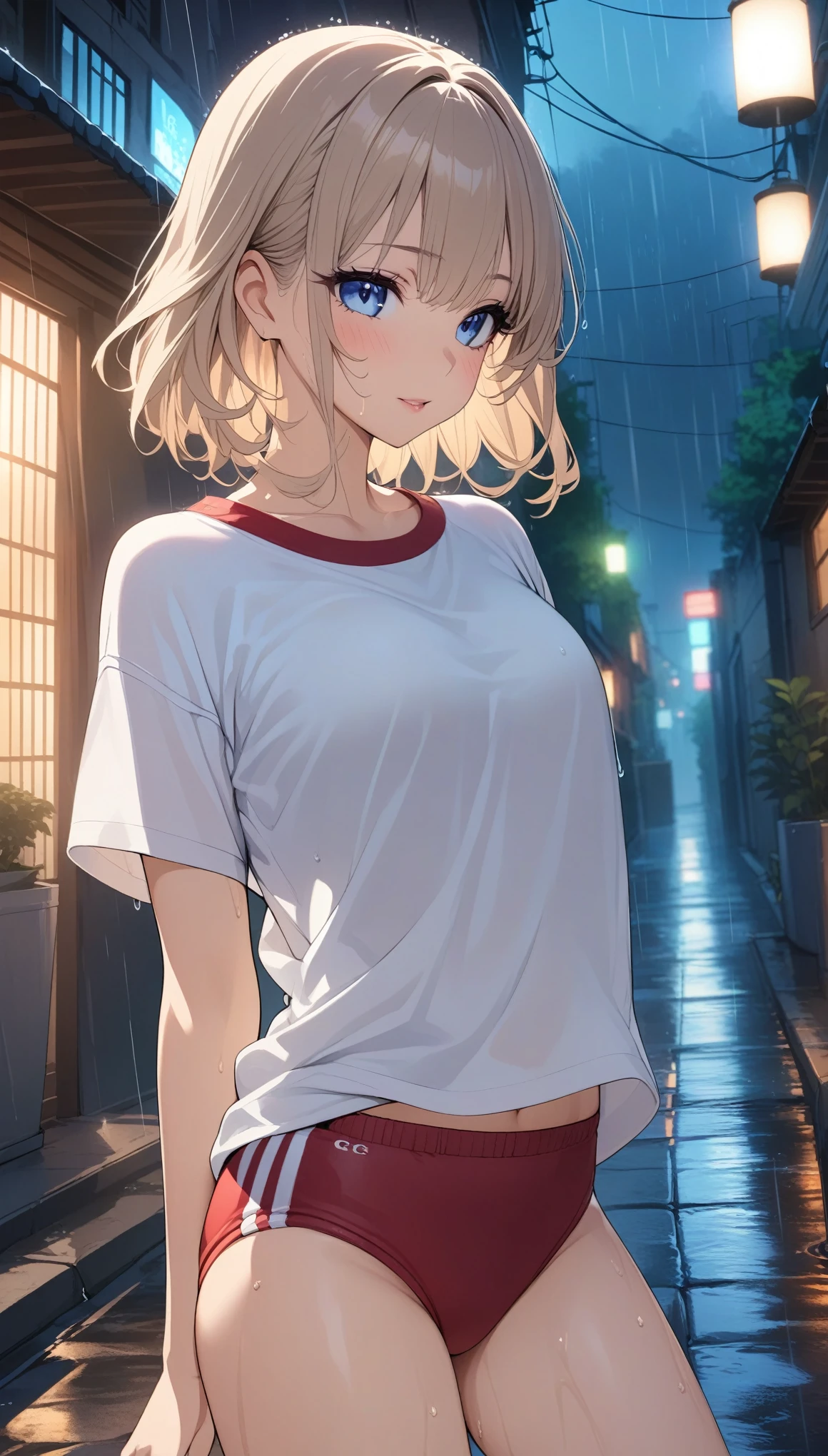  cute girl、((buruma:1.2、round neck t-shirt))、Beautiful and detailed eyes、Beautiful and detailed lips、 very fine な顔と体、 Long Lashes、Graceful pose、 dynamic movement、((rain、Back Alley、 Drenched ))、 bright lights in front of the temple、 pastel colors、 cinematic angles 、 Vivid 、 very fine 、8k、 anime style:1.2、CG illustration、masterpiece