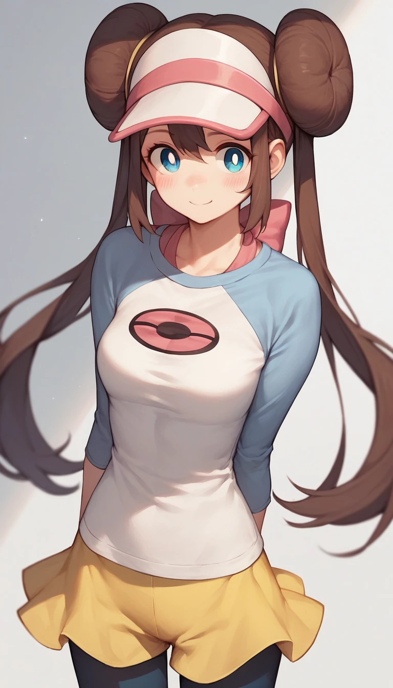 16k,masterpiece,best quality,beautiful,super detailed,rosa, brown hair, double bun, doughnut hair bun, hair bun, blue eyes, hair between eyes, twintails,
pantyhose, pantyhose under shorts, raglan sleeves, skirt, yellow skirt, white shirt, blue sleeves, long sleeves, visor cap,blush,light smile