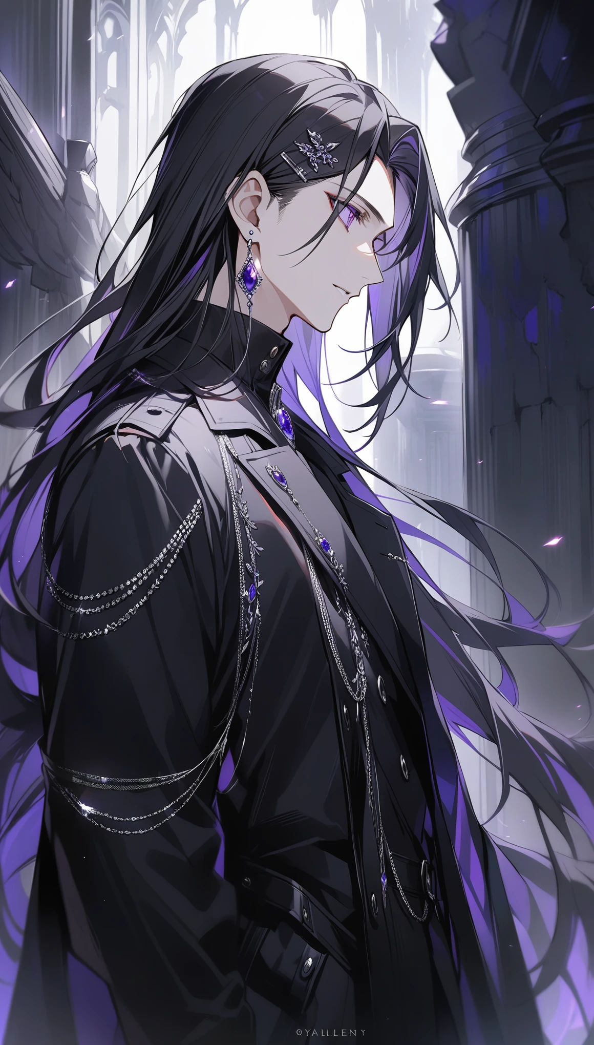 alone, good looking, 1 male, Long hair, Middle parted hair, Black hair, purple eyes, Black shirt, White Thailand, Black Trench Coat, Royal Silver Jewelery, Royal Earrings, Black wing hair clips, Side profile, fallen angel
