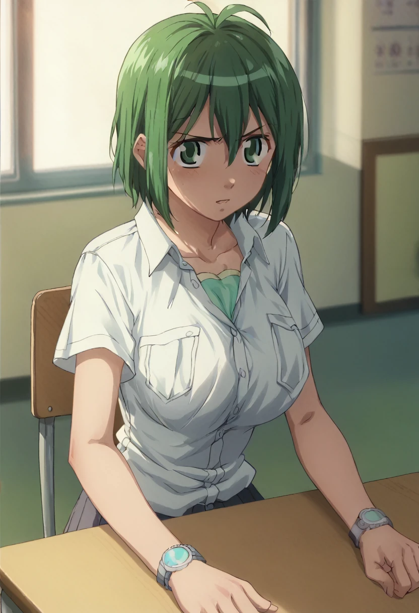 masterpiece、Best Quality、 1 girl、manami kinjuo (Let's go play)，Healthy、Bob Hair、Harsh face、Hindhair first、Green Hair、Green Eyes、Tomboy、short sleeve school shirt with open neck、 huge breasts、 school miniskirt 、 straight hair、16-year-old girl、 anime style、 official art、In a high school classroom 、