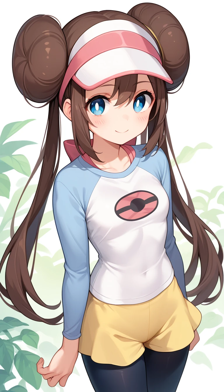 16k,masterpiece,best quality,beautiful,super detailed,rosa, brown hair, double bun, doughnut hair bun, hair bun, blue eyes, hair between eyes, twintails, pantyhose, pantyhose under shorts, raglan sleeves, skirt, yellow skirt, white shirt, blue sleeves, long sleeves, visor cap,blush,light smile