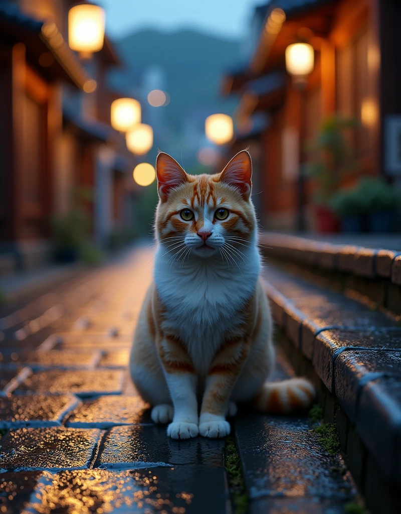 Realistic, theme is "Cat on the stone steps", on the stone steps of Sanneizaka in Kyoto, Japan, stone pavement wet with water, street lights reflected on the wet stone pavement, calico cat standing on the stone steps, plump and cute, looking at you with a serious face, evening scenery of Kyoto as darkness approaches, sophisticated design, advanced lighting technology, real photo 8K quality