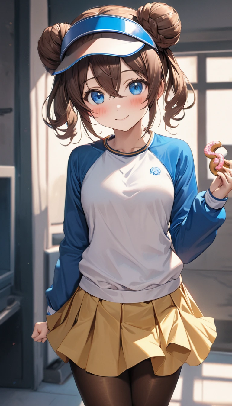 16k,masterpiece,best quality,beautiful,super detailed,rosa, brown hair, double bun, doughnut hair bun, hair bun, blue eyes, hair between eyes, twintails,
pantyhose, pantyhose under shorts, raglan sleeves, skirt, yellow skirt, white shirt, blue sleeves, long sleeves, visor cap,blush,light smile