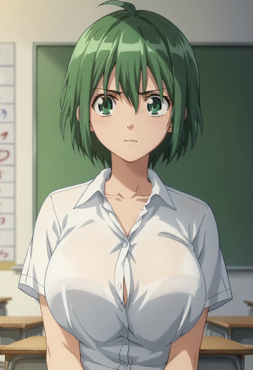 masterpiece、Best Quality、 1 girl、manami kinjuo (Let's go play)，Healthy、Bob Hair、Harsh face、Hindhair first、Green Hair、Green Eyes、Tomboy、short sleeve school shirt with open neck、 huge breasts、 school miniskirt 、 straight hair、-yeld gi anime style、 OFFICIAL ART、In a high school classroom 、