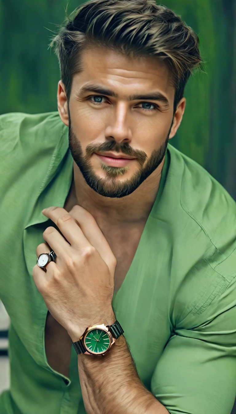  A European man with a beard and a watch on his wrist., Attractive Man, handsome and attractive,  handsome male , Attractive Man,  attractive and handsome face , handsome man, male and handsome, Beautiful face, perfect Beautiful face, Beautiful face and beautiful face, Wearing a watch,  Handsome young man, extremely handsome, very Attractive Man with beard, good looking,  attractive and handsome,  modern haircut sexy pose ,  Anatomically Correct, sepiated photograph ,  light green shirt 