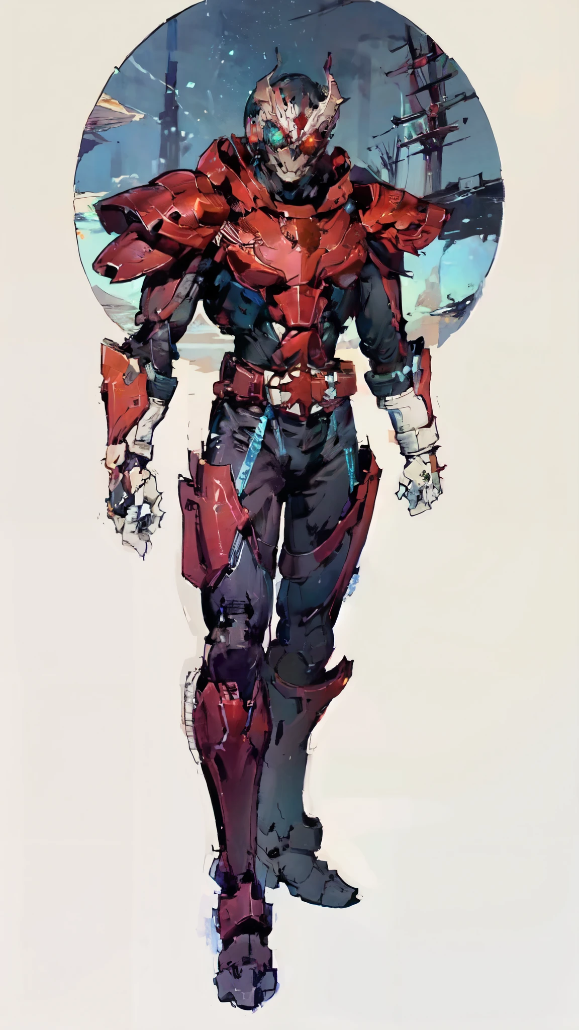 (masterpiece:1.5, best quality:1.5, extremely delicate:1.5), ((male:1.5)), a man wearing a full-face helmet, green eyes, fantasy-style high-tech biomimetic armored combat suit, (a composite layered chest armor), the design balances heavy with agility, fully enclosed shoulder guards, matching arm and leg guards, a belt of gemstone, (the color scheme is primarily White with Blue and Red accents, Organic Biotech, Concept Inspired by Skull, glowing eyes, armor glows, stand of a futuristic sci-fi city), this character embodies a finely crafted fantasy-style armored hero in anime style, exquisite and mature art style, metallic, high definition, highres, ultra-detailed, ultra-fine painting, professional, perfect body proportions, golden ratio, anatomically correct, symmetrical face, extremely detailed eyes and face, high quality eyes, creativity, RAW photo, UHD, 32k, Natural light, cinematic lighting, masterpiece-anatomy-perfect