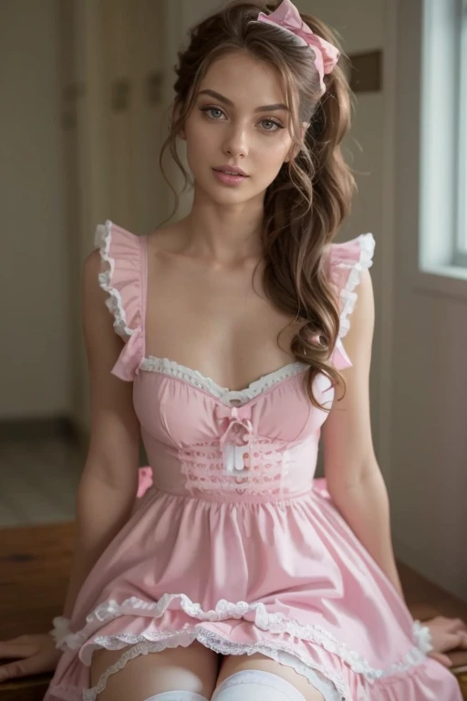 Slim tall athletic woman, age 25, 8k (High definition), beautiful, facing straight at the camera, innocent, seducing gaze, blue big bug eyes, wearing a frilly pink ****ta dress, sissy, high petticoat skirt, bow in her hair, bow in her hair, white stockings, hair up in a ponytail, dressed in a sexy pink maid outfit, Caucasian pale skin, wavy thick brown hair hair ((at shoulder height)), curvy, small perky breasts, sitting on a bench putting on her stockings, locker room background.