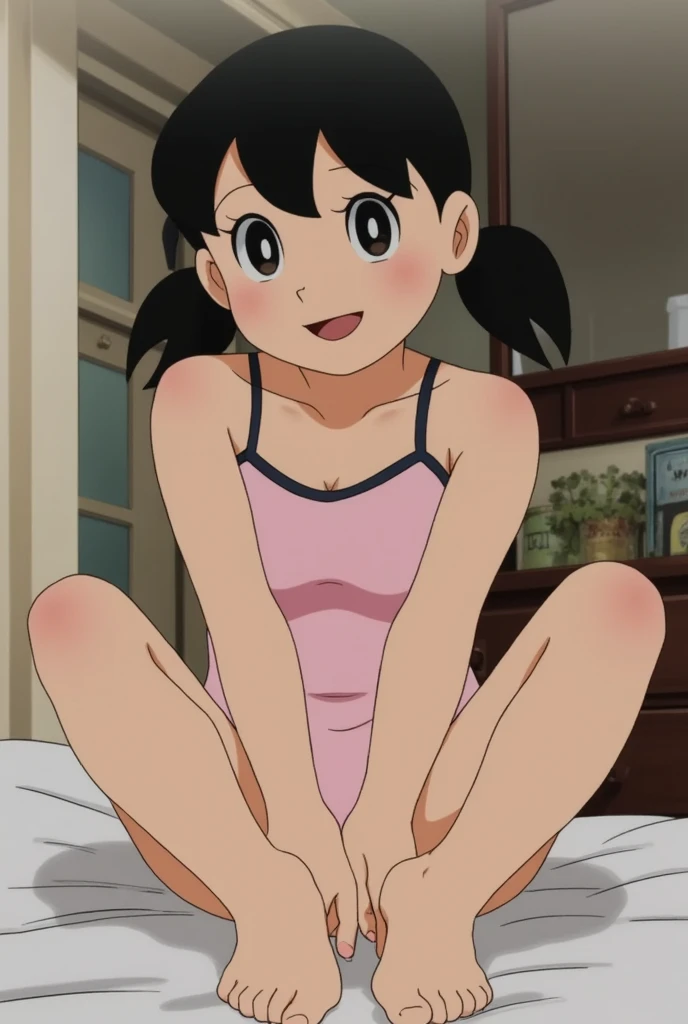 (1 girl, solo, black hair, black eyes, twin tails, competition swimsuit, barefoot, looking at viewer, sitting, feet in focus, soles, toes, in bed, happy), nsfw, twin tails