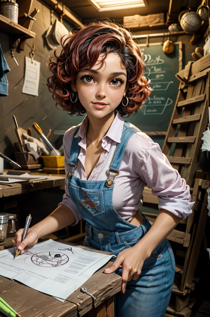  One in a workshop ,Artistic tools,  meticulously detailed , expressive eyes , precise lines in the nose ,beautifully defined lips, curly hair , playful smile ,creative genius ,Working on a jewel , jewelry design,, toy gadgets , innovative designs , lively personality ,lovely outfit,Blue jeans apron,brown boots, holding a small screwdriver , partially disassembled device . The word "ArtesaNature"  in cursive and capitular font is written on the apron and on the wall in the background,  besides also on paper on the table .,  tools scattered by  ,organized chaos, comfortable workbench ,Well-lit space,soft pastel colors, creative energy flowing , happy and focused expression ,inspiring environment, cute and quirky atmosphere ,masterpiece:1.2, high resolution image 