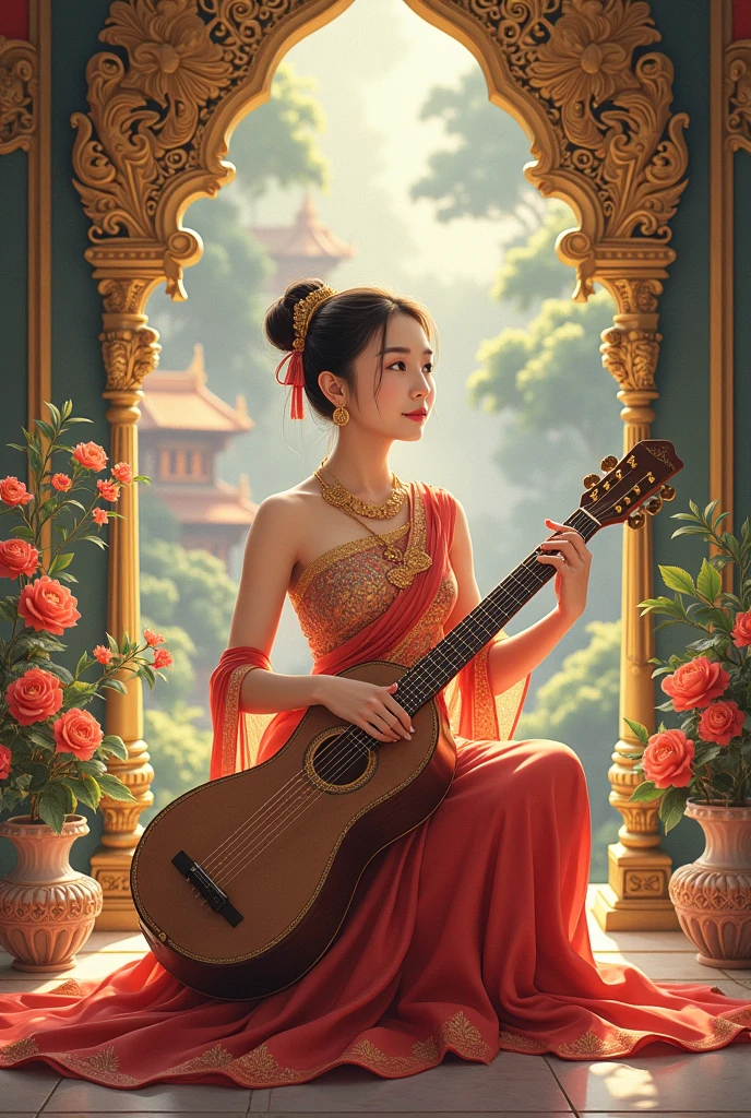 
A beautiful and lovely Thai girl in Thai tradition dress sitting in the  Thai palace playing Thai musical instruments. She has a delicate face, exquisite makeup, traditional dress with floral patterns. The background combines the elements of central Thai architecture, creating an atmosphere. This illustration style shows intricate details and bright colors. --ar 3:4