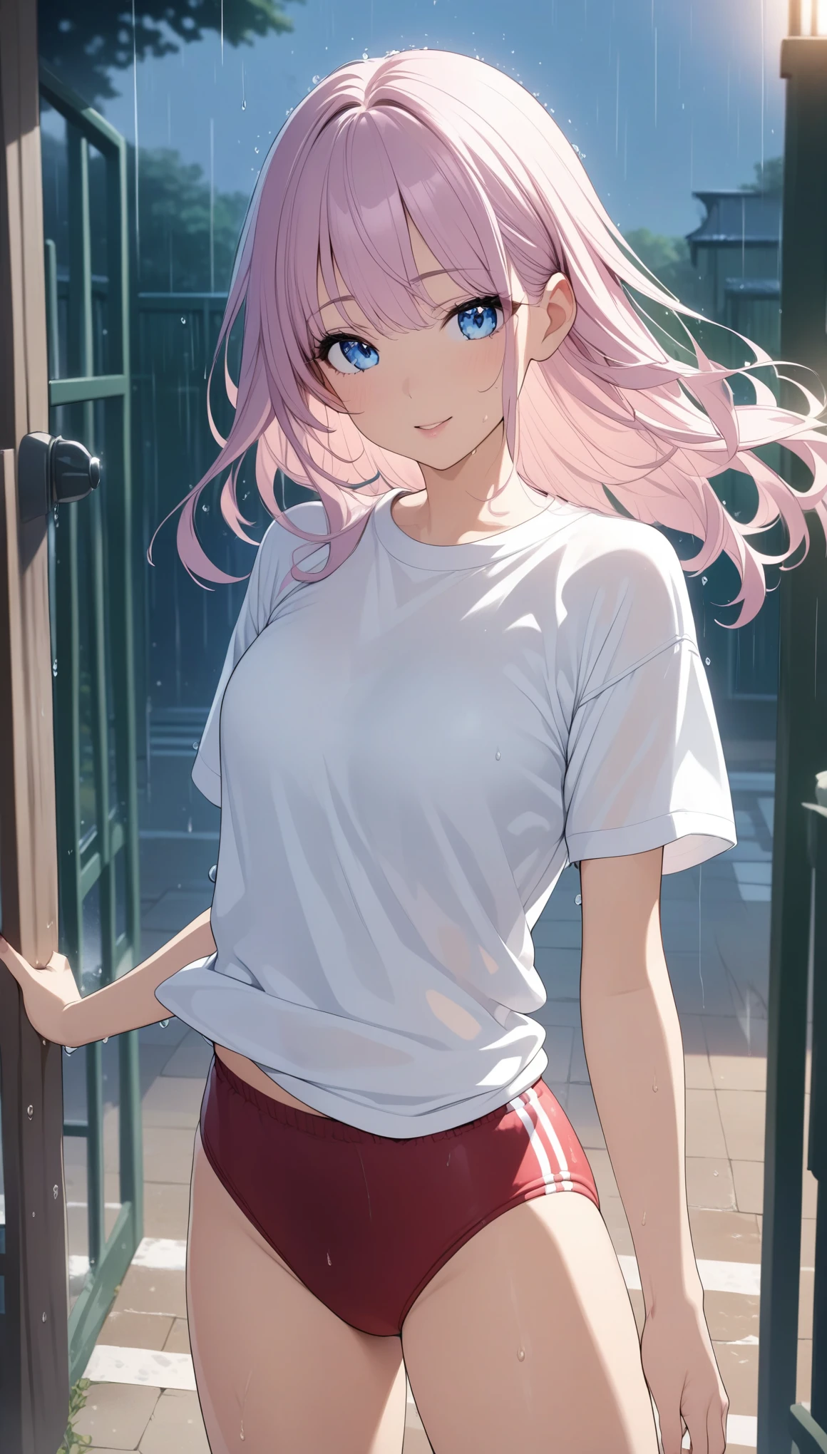 cute girl、((buruma:1.2、round neck t-shirt))、Beautiful and detailed eyes、Beautiful and detailed lips、 very fine な顔と体、 Long Lashes、Graceful pose、 dynamic movement、((rain、In front of the school gate、 Drenched ))、 bright lights in front of the temple、 pastel colors、 cinematic angles 、 Vivid 、 very fine 、8k、 anime style:1.2、CG illustration、masterpiece
