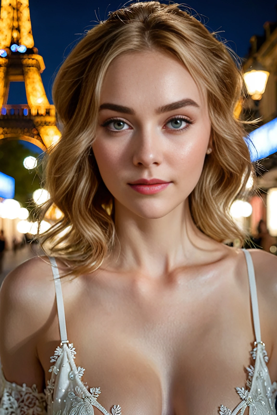 Jessica Rothe, . professionally retouched, soft lighting, realistic, smooth face, perfect eyes, sharp focus on eyes, 8 k, high definition, insanely detailed, intricate, elegant. in a Eiffel Tower background.naked full.full body