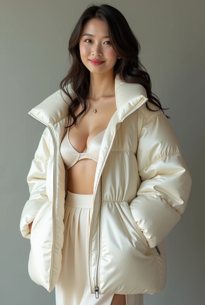 ((best quality)), ((masterpiece)), (detailed), perfect face, Beautiful Chinese 16 year old girl, Silk tight moncler padded coat, fascinating,  excited, Attractive figure, ((Tight padded coat)), fur hood, Silk bra, big bust, (open coat), split, thick bra straps, picture, Shiny coat, satin, Soft to the touch, Pleated short silk skirt, silk stockings,Bright smile