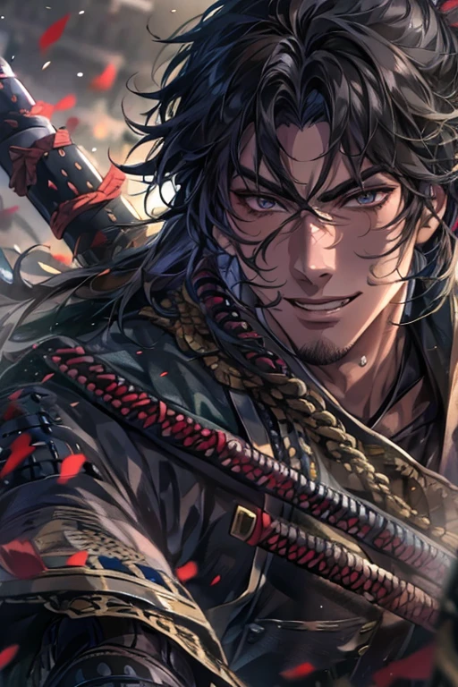 8k, masterpiece, Best Quality, Battlefield Samurai , Battle Scenes,  Handsome Male Anime Characters,  dark eyes, Black Hair,  sunburned skin from before,  Confident Expression, He has a mean smile on his face, Ultra-detailed CG Unity,  Movie Lighting,  wind is blowing, Expressing a sense of speed, intense sense of oppression, 