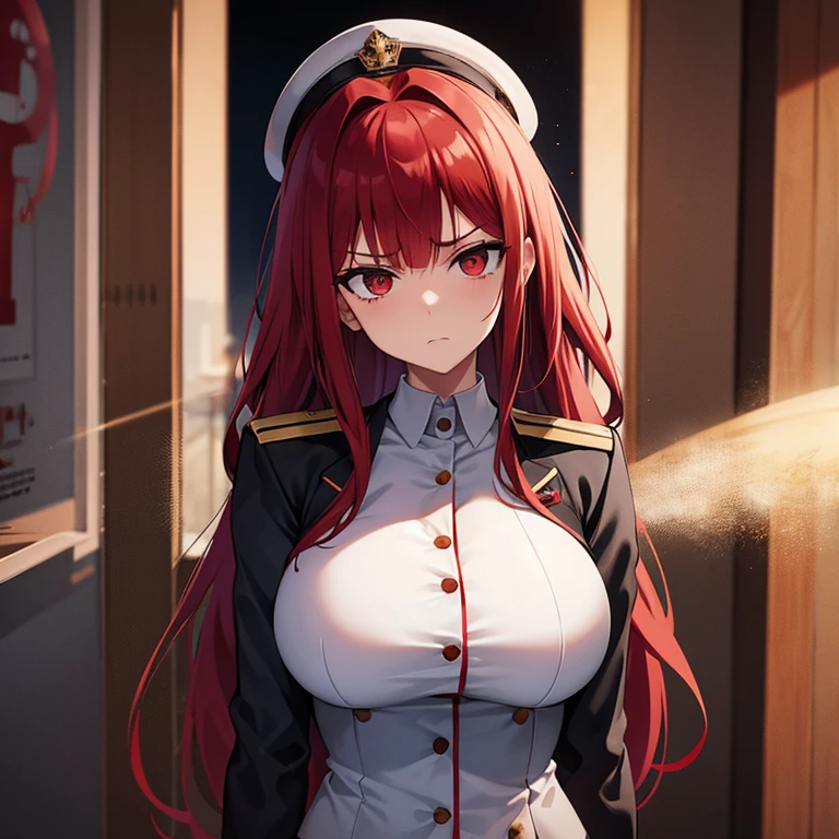White gloves, red eyes, white jacket, white skirt, best quality, masterpiece, Highly detailed, illustration, absurdres, white military uniform, white uniform, white hat, standing, solo, 1girl, standing at attention, expressionless, blank eyes, looking at viewer, emotionless, corruption, mind control, female combatant, full body, hypnotized, unhappy trance, perfect female body, extremely glossy latex, belt, hypnosis, hypnoLora, empty eyes, Mind control device, thigh high, Bleach, Quincy, thighhighs, tight miniskirt, hat, dark persona, (((pixel-perfect, detail-perfect))), solo, 1girl, hair ornament, inoue orihime, long hair, orange hair, (grey eyes:1.5), large breast, huge breast,