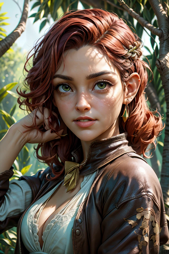 a  portrait of a durable [babe|temptress] , druid, leaf robe, perfect face, pretty face, brown eyes, auburn hair, Hi-top fade, very short hair, flat chest, lush detail, absurdres, clothes made of leaves