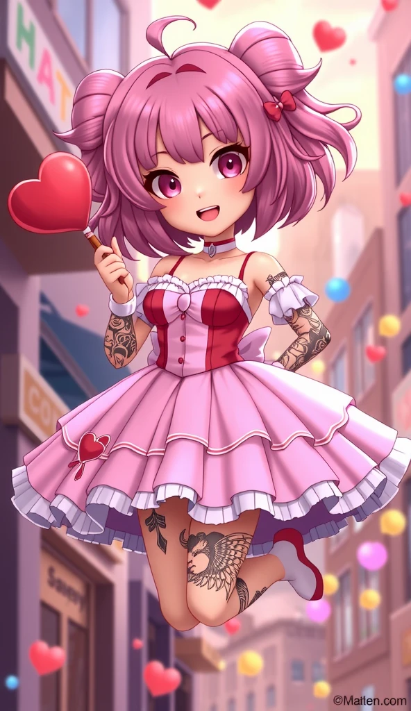 floating cute magical girl, yandere, amorous and lewd face, crazy smile, scary smile, evil smile, teasing smile, grin, lewd smile, malicious smile, creepy smile, big droopy eyes, huge mouth, make-up, pink messy wavy short hair, ahoge, blunt bangs, covered in tattoos, great proportion, wearing pink and white frilly fluffy dress, heart-shaped magic stick, background pastel colors, kaleidoscope of cityscapes, analyzers, labs, with mix of stonepunk, firepunk, and waterpunk, shading effects, gradation magic effects, foggy filter effects, glitter effects, various effects, delicate and dynamic textures, contrasts of light and shadow, 2.5D, artistic photography, hyper realistic, digital graphic CG, BREAK ultra detailed, absolutely resolution, best quality